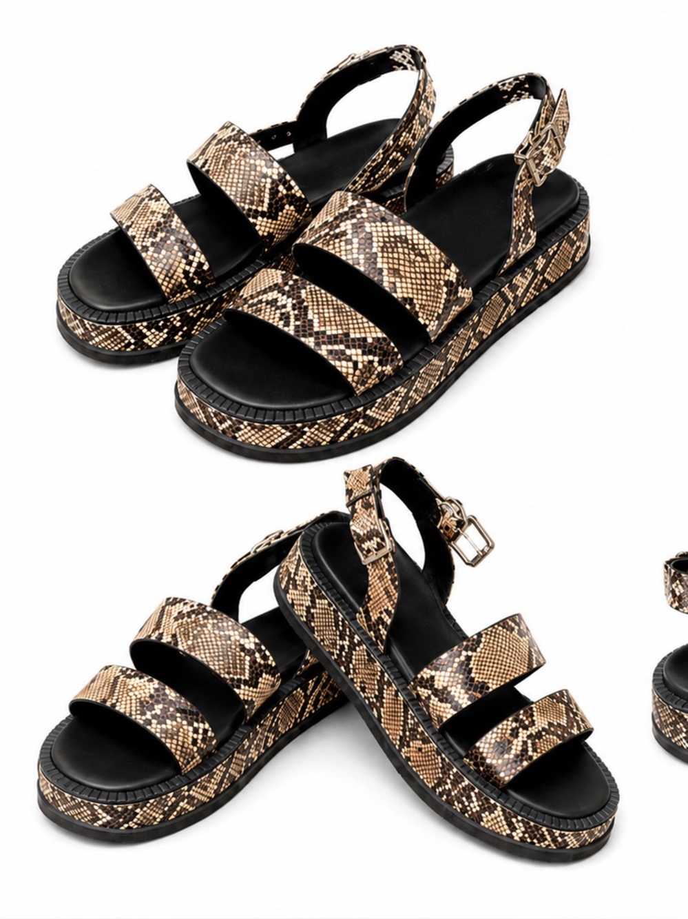 Snake Print Platform Sandals - Black & Tan
